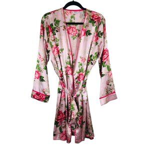 Adonna Satin Robe Pink Roses M Belted Long Sleeve Sleepwear Bridal Dressing Gown